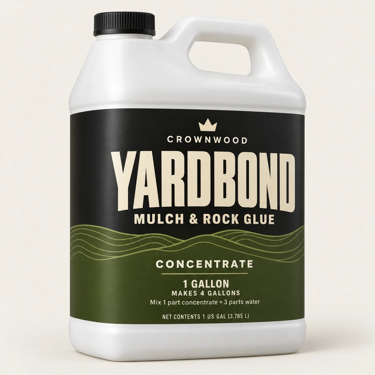 Crownwood YardBond one-gallon jug packaging concept with an olive and charcoal label