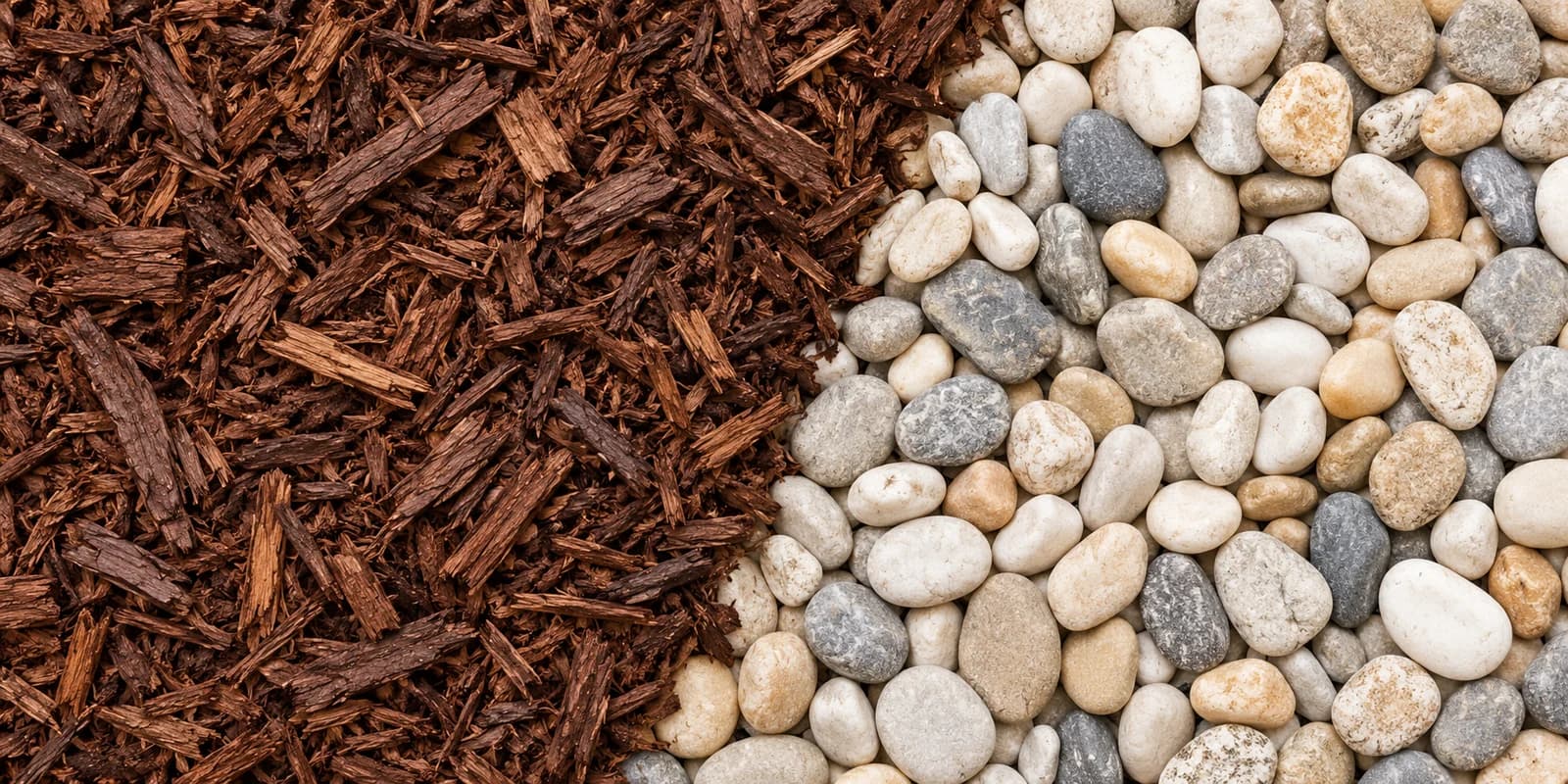 Illustrated landscape materials: brown mulch beside natural decorative pebbles